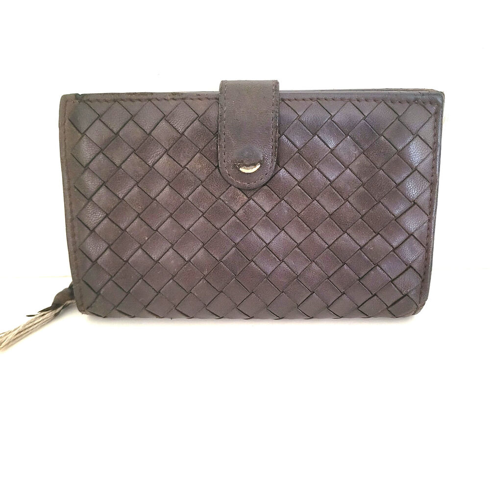 BOTTEGA VENETA Interatiato Woven Leather Bifold Wallet‎ Medium Brown Unisex Soft